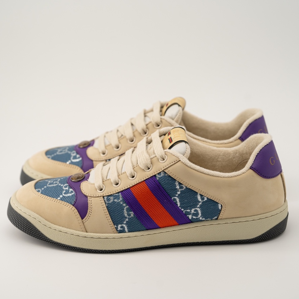 size 41.5G 11.5 US Gucci Screener Enamel Aged Sneakers Beige Blue Red - Picture 4 of 13